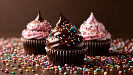  Deliciously decadent cupcakes with chocolate and vanilla frosting sprinkled with colorful candy bits