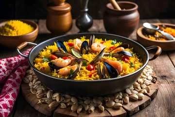 Foto auf Leinwand A vibrant and colorful Spanish paella dish, overflowing with saffron-infused rice, succulent seafood, and aromatic spices, set on a rustic wooden table in the heart of Valencia. © Iram__Art's 
