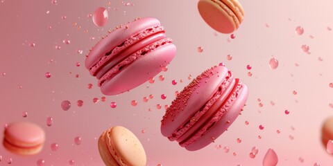Fototapeta na wymiar French macaron biscuit assortment on pastel pink background. minimalist colorful concept of macaroon sandwich cookie from France with copy space, flying and levitating