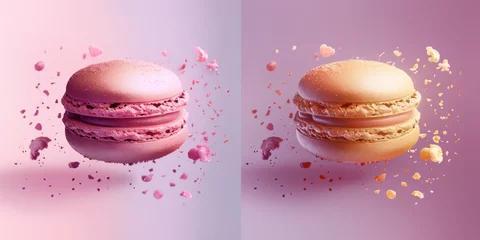 Foto auf Leinwand French macaron biscuit assortment on pastel pink background. minimalist colorful concept of macaroon sandwich cookie from France with copy space, flying and levitating © igorfrost