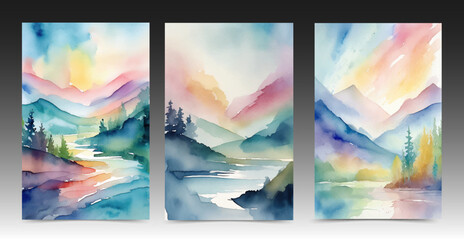 Watercolor cover collection. Abstract paintings with brush stroke of the colorful landscape.