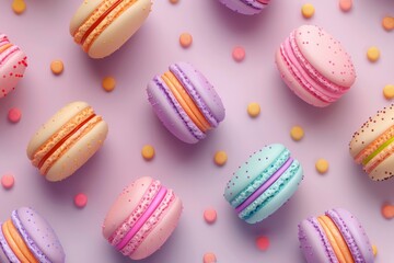 French macaron biscuit assortment on pastel purple background. minimalist colorful concept of macaroon sandwich cookie from France with copy space, lying in row