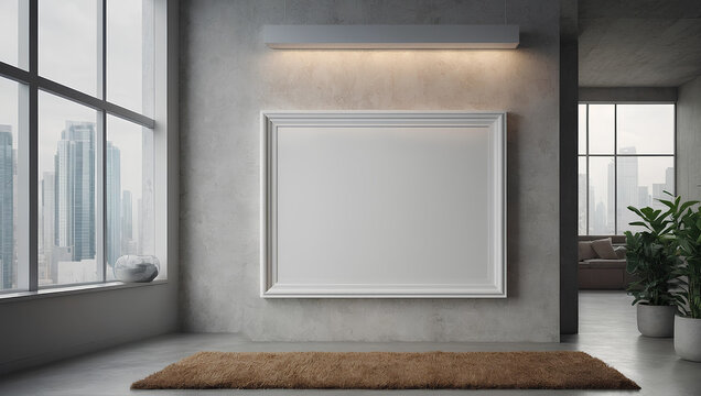 A blank white mockup frame hangs on the wall in a modern interior room design, depicted in 3D render style. illustration generative ai