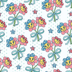 Seamless pattern of flowers with smiling faces and tie a blue bow. This illustration has an American Independence Day theme. Pattern for fabric and wrapping paper, design wallpaper and fashion prints.
