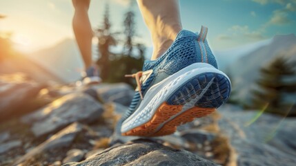 A close up of a trail runner's shoe on a rocky mountain trail. - obrazy, fototapety, plakaty
