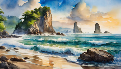 Watercolor illustration of beautiful landscape with lone rock beach. Summer season. Natural scenery.