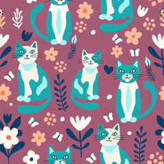 Seamless pattern vector image in flat cartoon style, cat and flowers