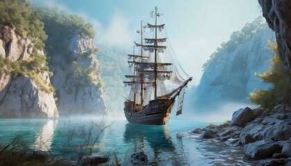 Obraz premium A ghostly pirate ship anchored in a secret cove, ethereal and foreboding.
