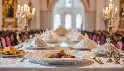 A grand renaissance-style banquet hall with a lavish spread. Focus on the intricate details