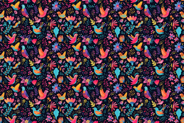 Vibrant pattern with whimsical birds and botanical elements on black
