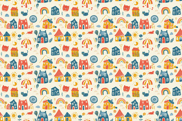Charming seamless pattern of colorful houses and nature elements. Elements: house, kitten, kitten's muzzle, flowers, rainbow, sun.