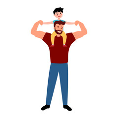 Dad holds son on his shoulders. Happy Father's day greeting card. Cartoon character