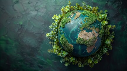 Earth globe covered with green plants and trees, symbolizing ecological balance and care for environment
