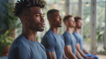 This image captures four african-american men wearing athletic blue t-shirts, engaging in a yoga...