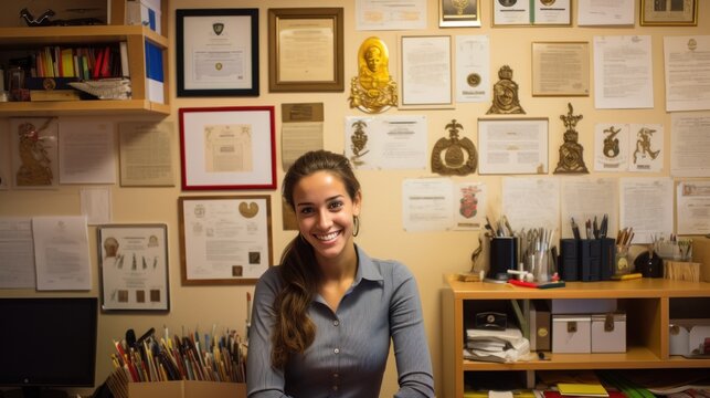 Beautiful young Spanish woman proudly displays certificates and awards on her office wall