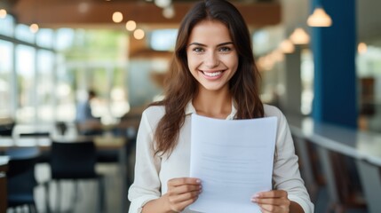 Beautiful young Spanish woman poses with a smile, holding a report on completed work