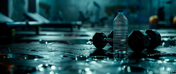 A bottle of water next to two dumbbells in a quiet, well-equipped gymnasium - obrazy, fototapety, plakaty