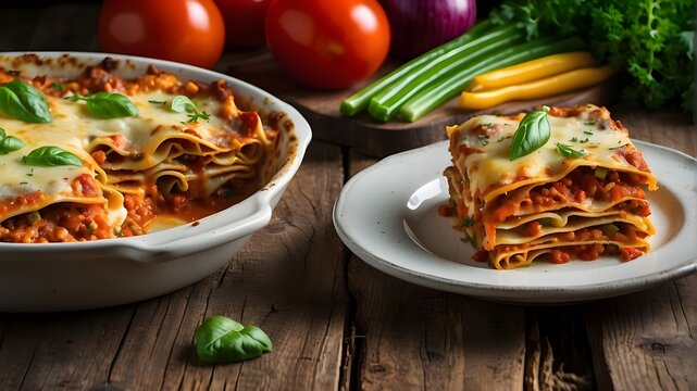 A mouth-watering veggie lasagna dish, with layers of perfectly cooked lasagna pasta and a colorful array of fresh vegetables, sitting on a rustic wooden table, evoking the traditional flavors of Italy
