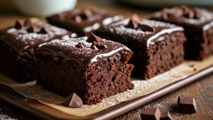 Fototapeta na wymiar Deliciously decadent chocolate cake squares ready to be savored