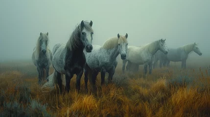 Fotobehang A mesmerizing shot of Icelandic horses grazing in a field, highlighting their majestic beauty with perfect skin tones and vibrant black, gray, and white hues. © 2D_Jungle