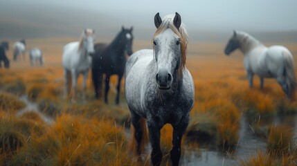 A mesmerizing shot of Icelandic horses grazing in a field, highlighting their majestic beauty with perfect skin tones and vibrant black, gray, and white hues. - obrazy, fototapety, plakaty
