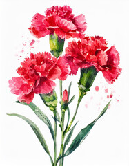 Watercolor artwork showcasing red carnations with green foliage against a stark white backdrop