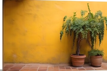 Mexican colonial yellow wall background with vine plant Generative AI