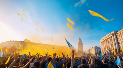 A young beautiful Ukrainian woman holds the Ukrainian flag in her hands, which develops in the wind against the sky, support for the country of Ukraine.
