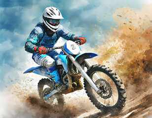 A motocross rider in blue gear, white helmet, rides a blue bike, kicking up dirt under a clear sky. Action-packed! - 783720689