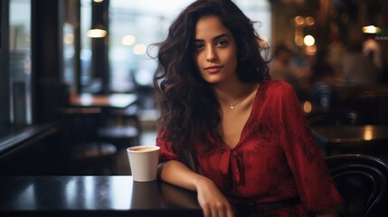 Beautiful young Spanish woman in a stylish café, sipping espresso