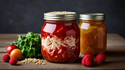  Homemade pickled delights with fresh berries and greens - obrazy, fototapety, plakaty