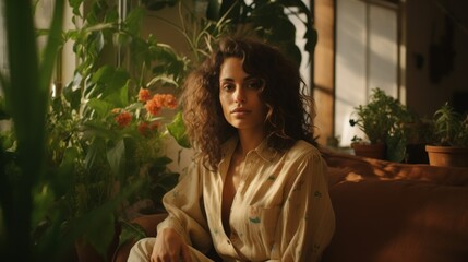 Beautiful young Spanish woman, in an office room with plants, creates a cozy atmosphere