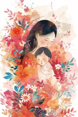 Mother holding daughter surrounded by flowers