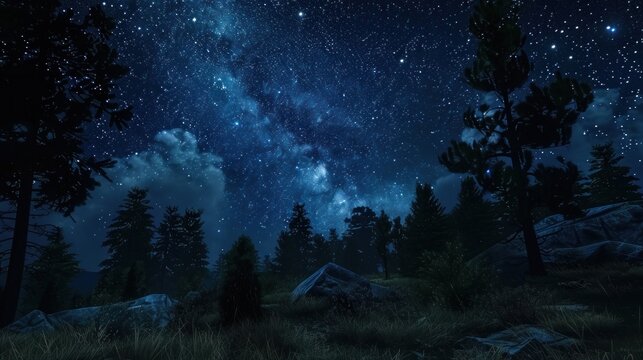 Beautiful night sky with stars and trees. .AI generated image