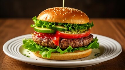  Deliciously stacked burger on a plate ready to be savored