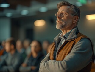 A man in a vest stands in front of a crowd of people. He is wearing glasses and he is looking at something. The scene is set in a room with a group of people sitting and standing around - obrazy, fototapety, plakaty