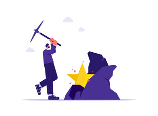 Achieving goals through hard work, highest result in deeds and work done, career advancement, productivity or success in business, businessman holding pickaxe to find a star in stone