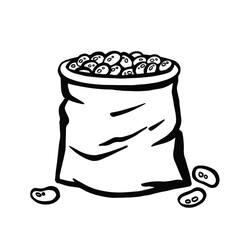 Sack or package with soybean, bean or coffee grains, vector outline illustration.