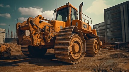 Big bulldozer on construction site.AI generated image - obrazy, fototapety, plakaty