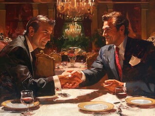 Two men shaking hands at a table with wine glasses and plates. Scene is one of formality and respect