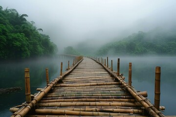 Ethereal Bamboo bridge foggy. Mist forest. Generate Ai
