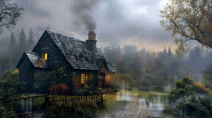 A cozy cottage scene during a gentle rain shower - obrazy, fototapety, plakaty