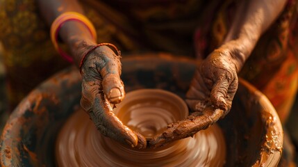 close up photo of craftsmen's hands making pots from clay.AI generated image