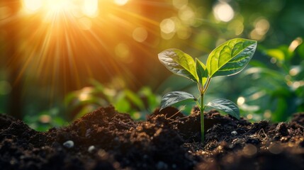 young plant sprouting from the soil under sunlight, - obrazy, fototapety, plakaty