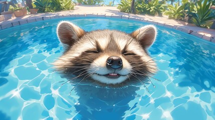 A happy smiling raccoon is swimming in the pool. 
