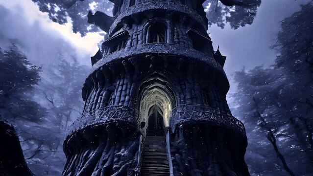 神秘的な森の大木に群がる蛍の舞い。イラスト、アニメーション