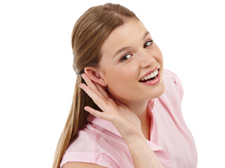Listening, secret and woman with gossip in portrait or studio on white background cupping ear for...