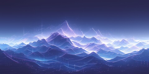 A neon mountain range with glowing peaks, rendered in purple and blue hues against a black background.  - obrazy, fototapety, plakaty