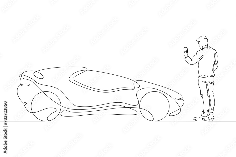 Poster one continuous line. a man remotely controls an electric machine. concept car of the future. eco-fri
