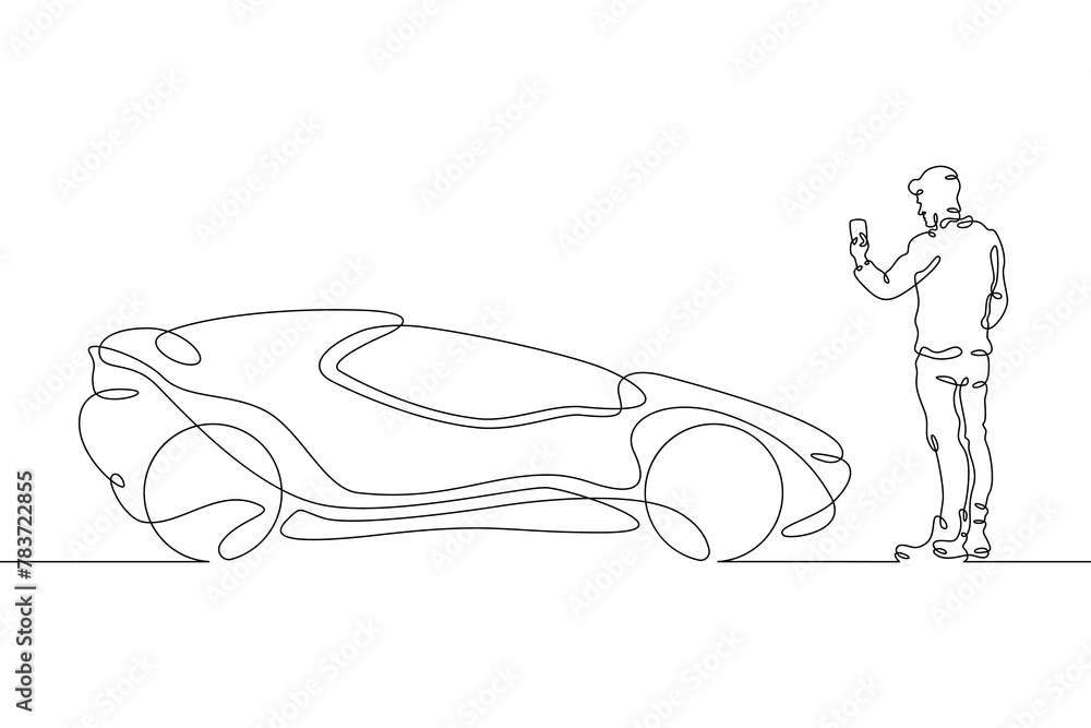 Poster one continuous line. a man remotely controls an electric machine. concept car of the future. eco-fri